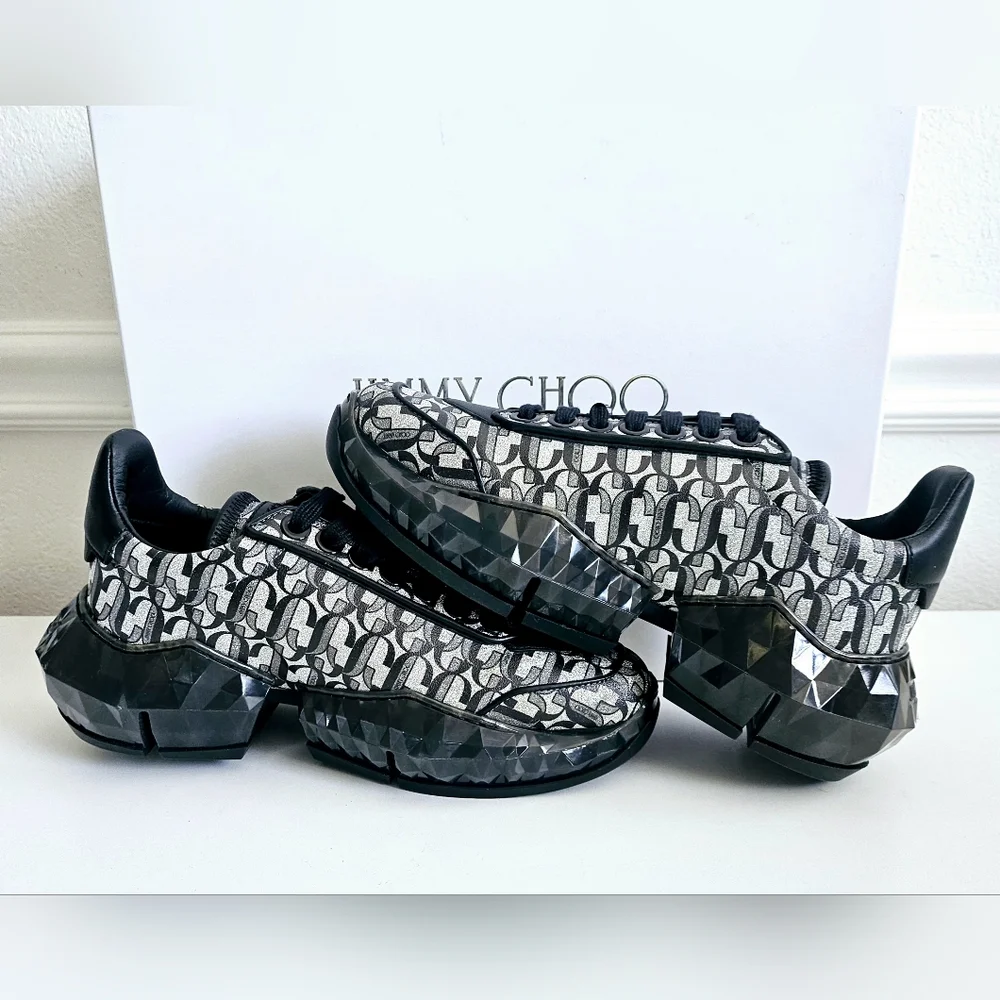 New With Tags Jimmy Choo Black Silver Diamond Calfskin Leather Sneakers